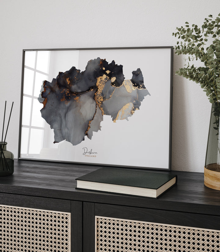 Durham Map Black and Gold Wall Art Print | England | United Kingdom | Great Britain