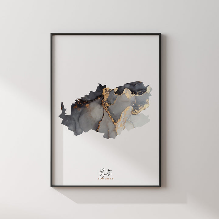 Bath Map Black and Gold Wall Art Print | Somerset | England | United Kingdom | Great Britain