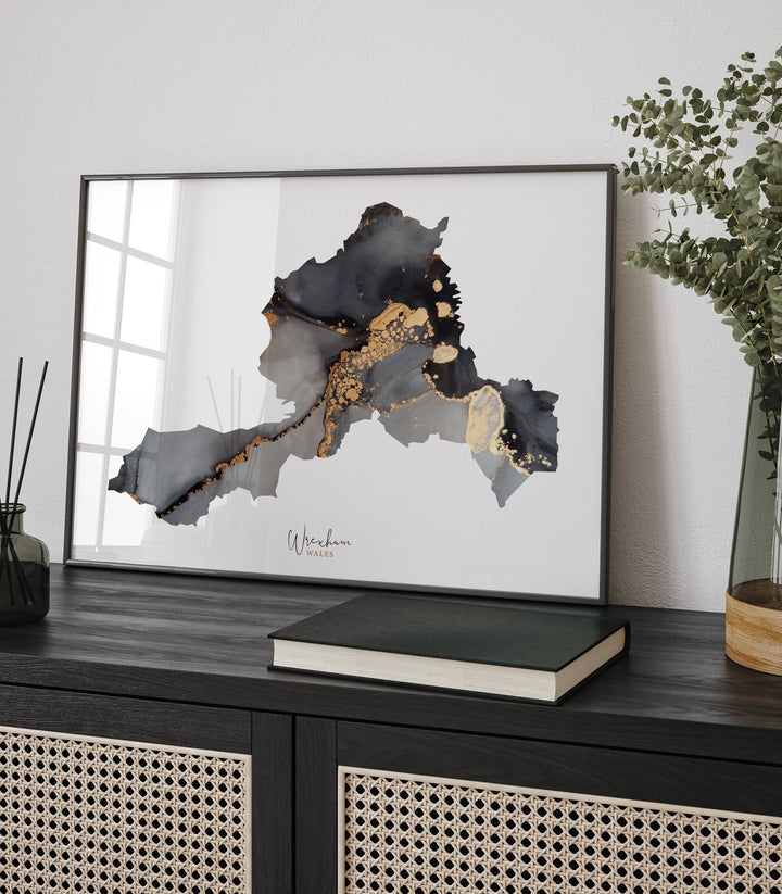 Wrexham Map Black and Gold Wall Art Print | Wales | United Kingdom | Great Britain