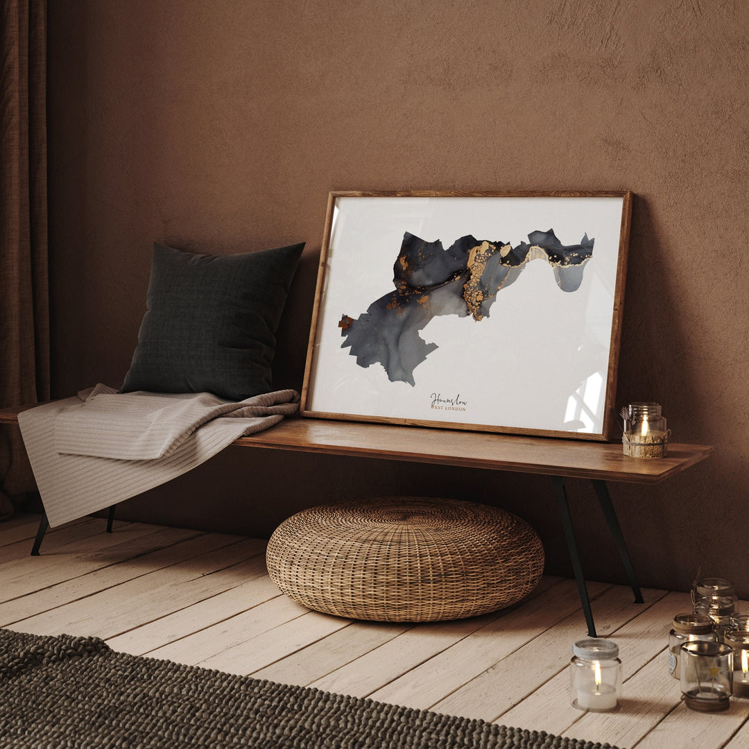 Hounslow Map Black and Gold Wall Art Print | West London | England | United Kingdom | Great Britain