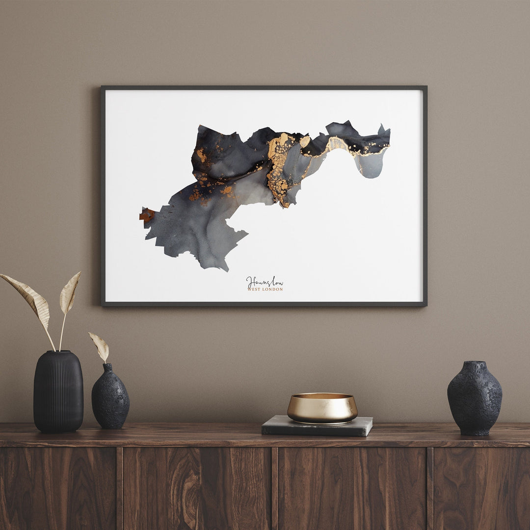Hounslow Map Black and Gold Wall Art Print | West London | England | United Kingdom | Great Britain