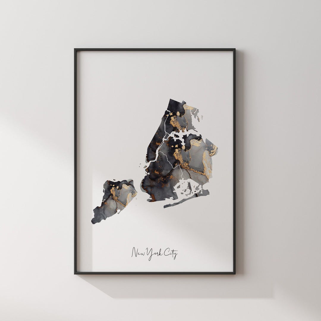 New York City Map Black & Gold Wall Art Print | USA | United States of America [EV]