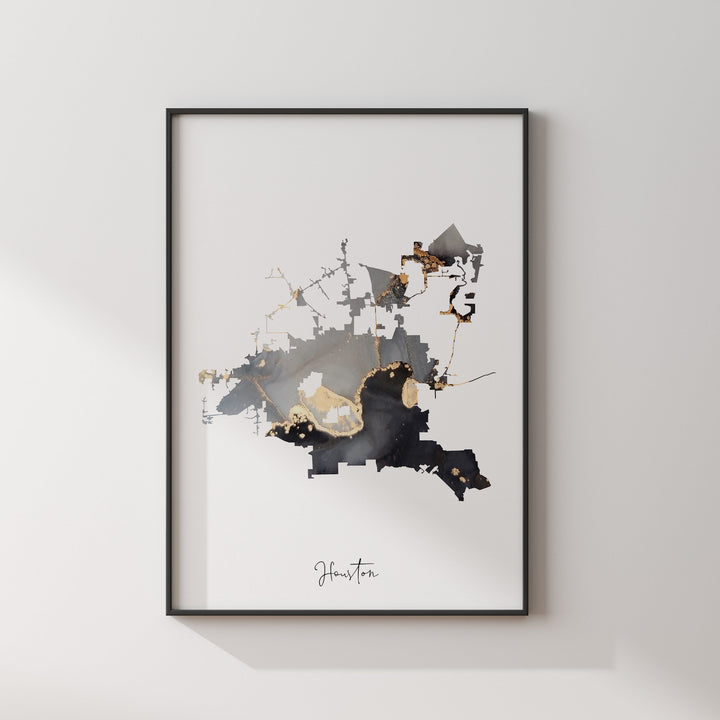 Houston Map Black & Gold Wall Art Print | Texas | USA | United States of America [EV]