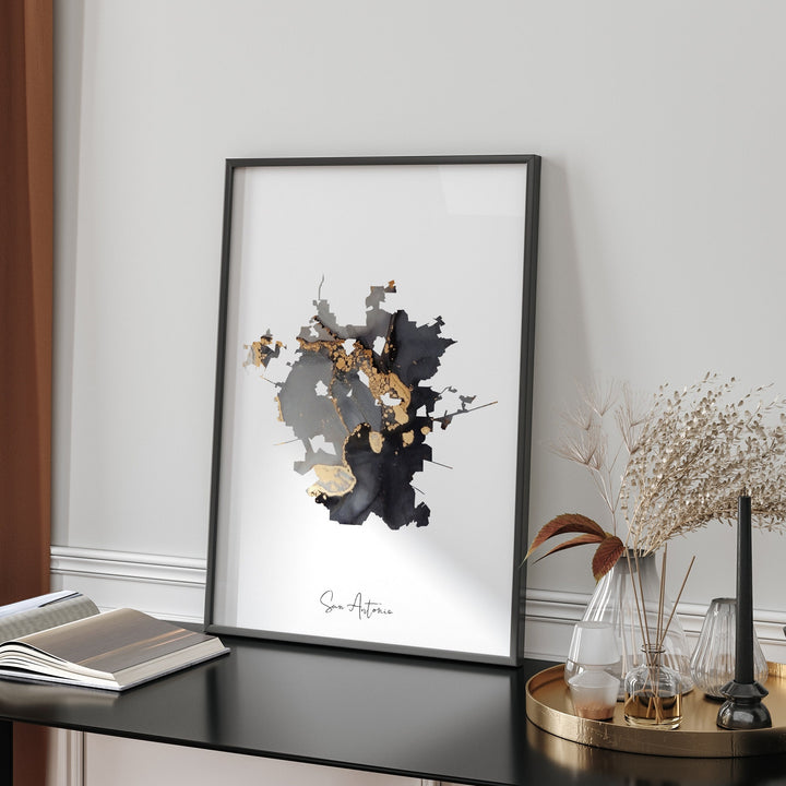 San Antonio Map Black & Gold Wall Art Print | Texas | USA | United States of America [EV]