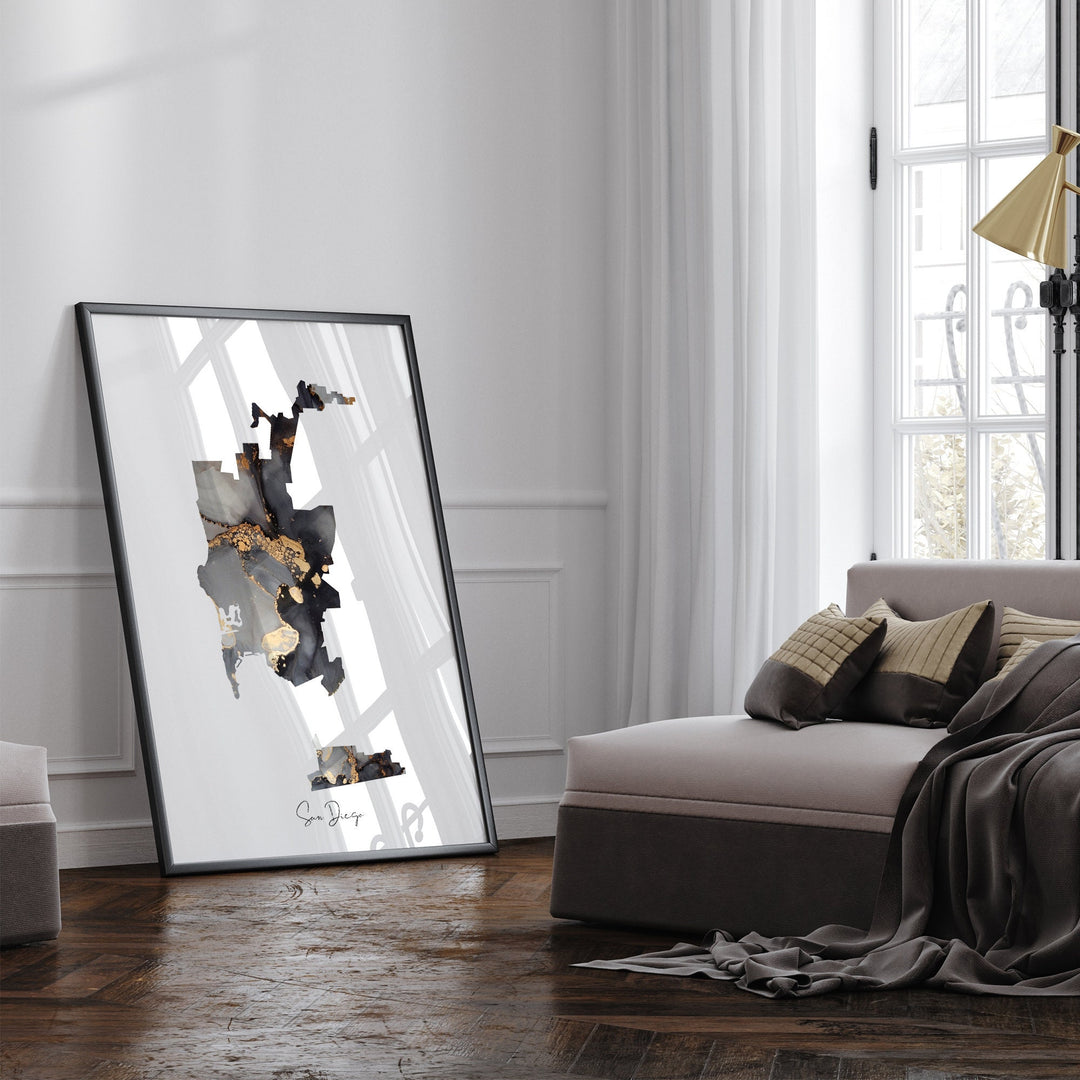 San Diego Map Black & Gold Wall Art Print | California | USA | United States of America [EV]