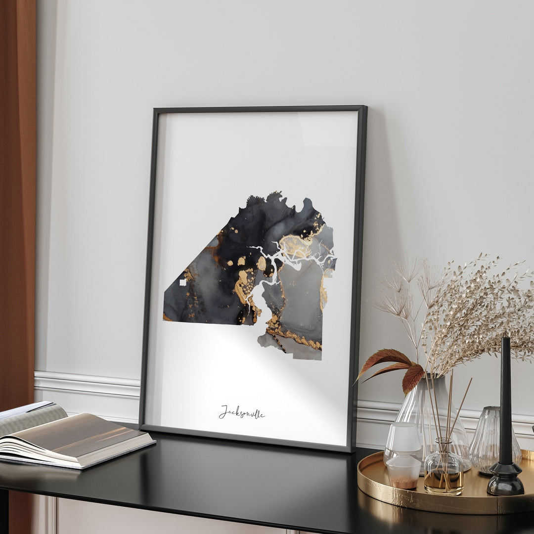 Jacksonville Map Black & Gold Wall Art Print | Florida | USA | United States of America [EV]