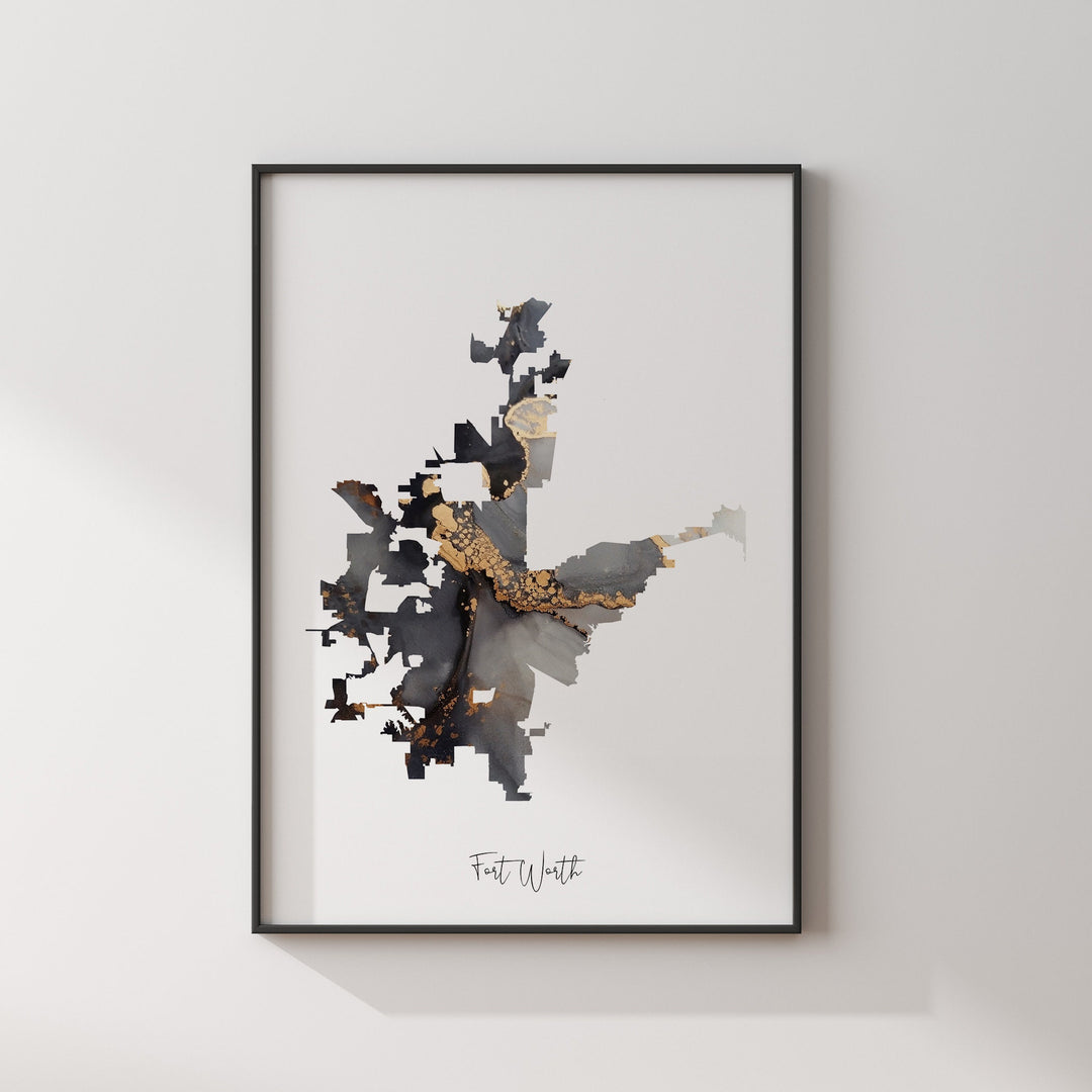 Fort Worth Map Black & Gold Wall Art Print | Texas | USA | United States of America [EV]
