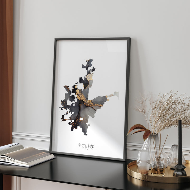 Fort Worth Map Black & Gold Wall Art Print | Texas | USA | United States of America [EV]