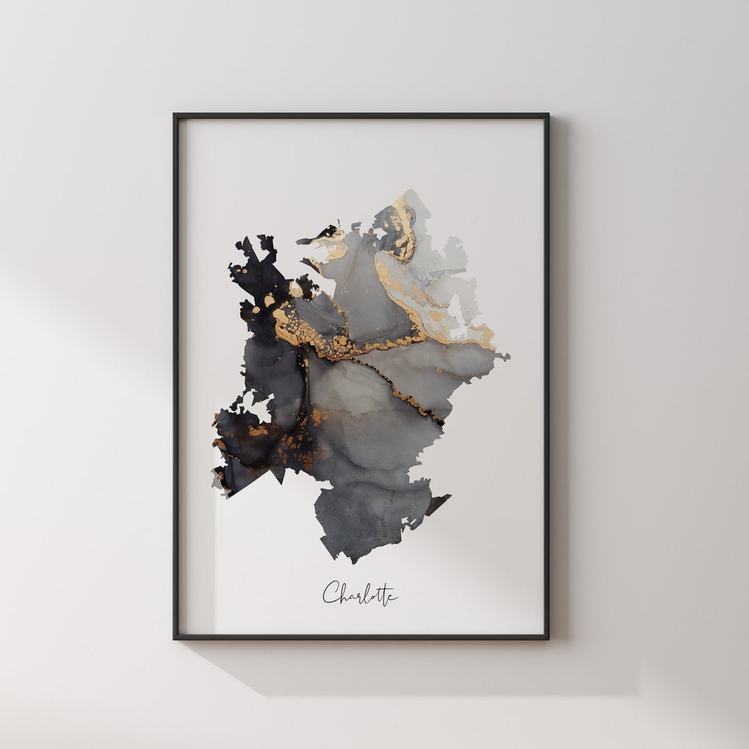 Charlotte Map Black & Gold Wall Art Print | North Carolina | USA | United States of America [EV]