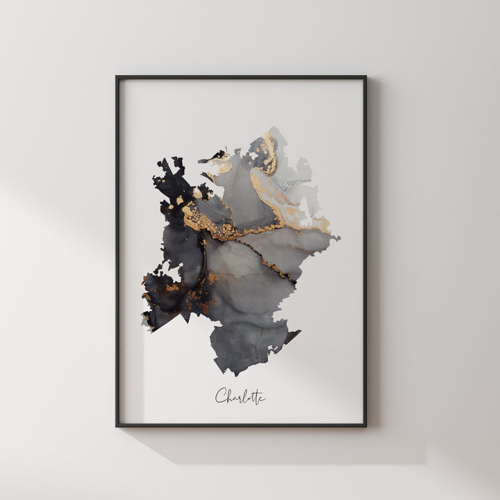 Charlotte Map Black & Gold Wall Art Print | North Carolina | USA | United States of America [EV]
