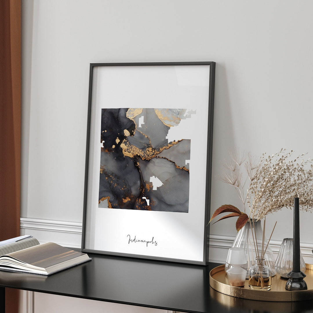 Indianapolis Map Black & Gold Wall Art Print | Indiana | USA | United States of America [EV]