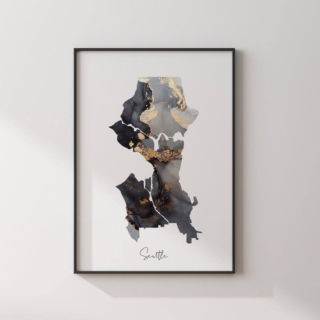 Seattle Map Black & Gold Wall Art Print | Washington | USA | United States of America [EV]