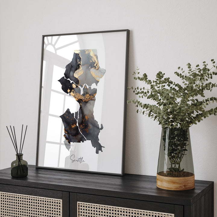 Seattle Map Black & Gold Wall Art Print | Washington | USA | United States of America [EV]