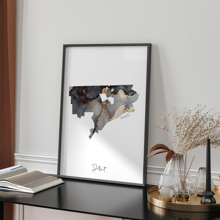 Detroit Map Black & Gold Wall Art Print | Michigan | USA | United States of America [EV]
