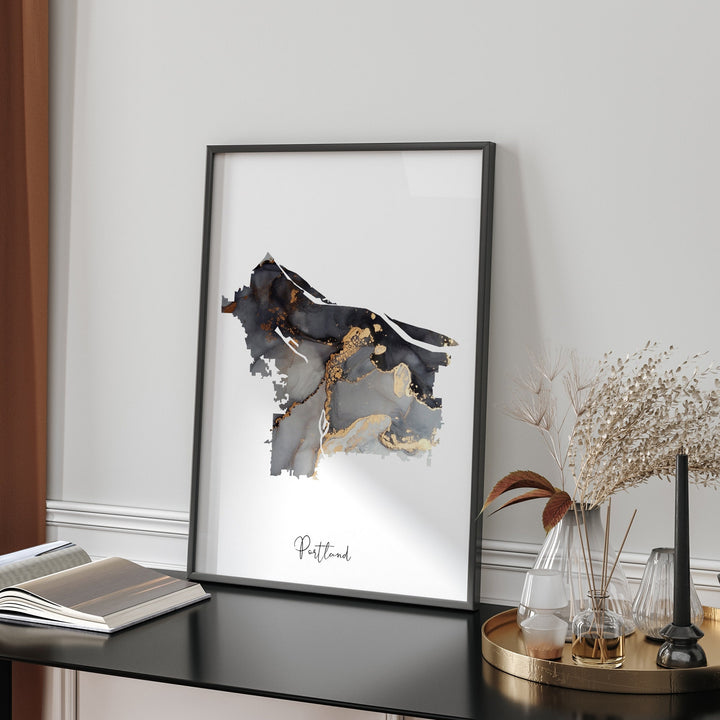 Portland Map Black & Gold Wall Art Print | Oregon | USA | United States of America [EV]
