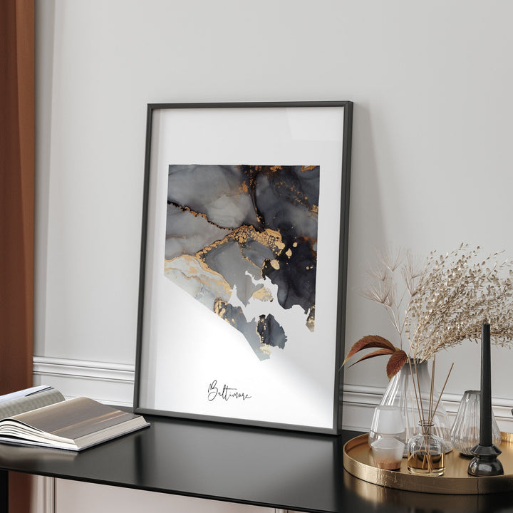 Baltimore Map Black & Gold Wall Art Print | Maryland | USA | United States of America [EV]