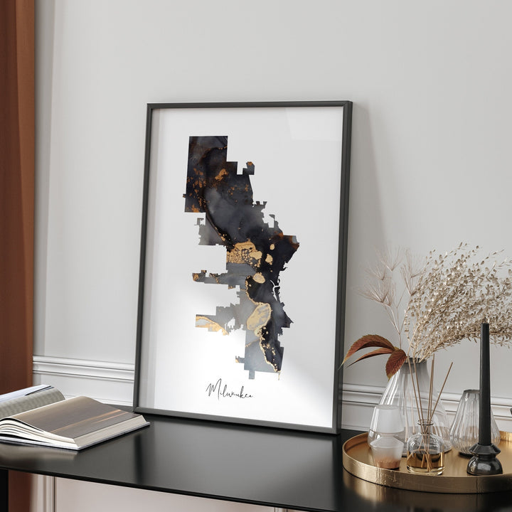 Milwaukee Map Black & Gold Wall Art Print | Wisconsin | USA | United States of America [EV]