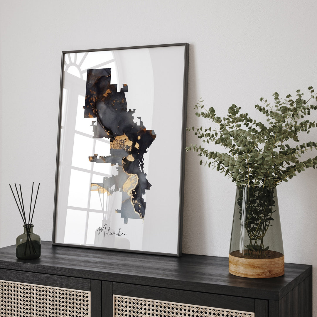 Milwaukee Map Black & Gold Wall Art Print | Wisconsin | USA | United States of America [EV]