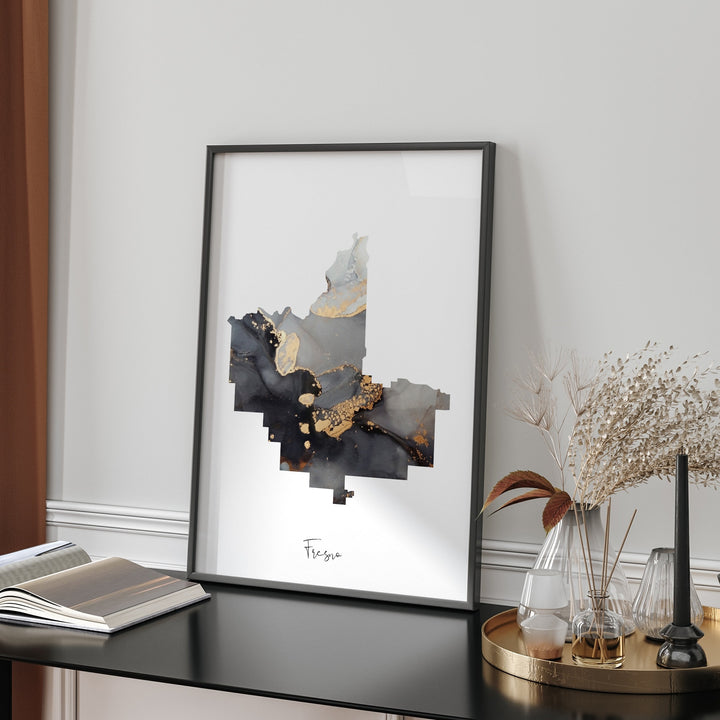 Fresno Map Black & Gold Wall Art Print | California | USA | United States of America [EV]
