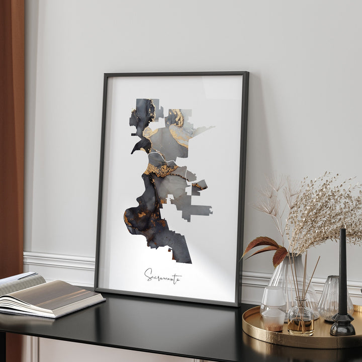 Sacramento Map Black & Gold Wall Art Print | California | USA | United States of America [EV]