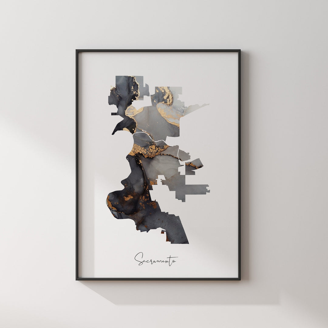 Sacramento Map Black & Gold Wall Art Print | California | USA | United States of America [EV]