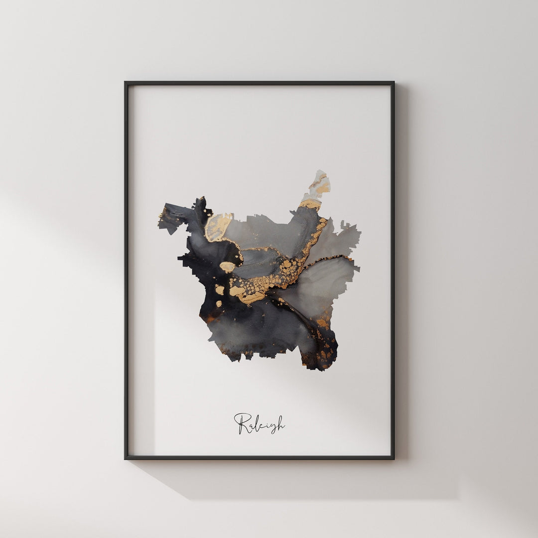 Raleigh Map Black & Gold Wall Art Print | North Carolina | USA | United States of America [EV]
