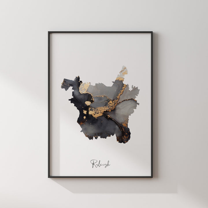Raleigh Map Black & Gold Wall Art Print | North Carolina | USA | United States of America [EV]