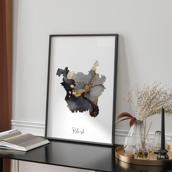 Raleigh Map Black & Gold Wall Art Print | North Carolina | USA | United States of America [EV]