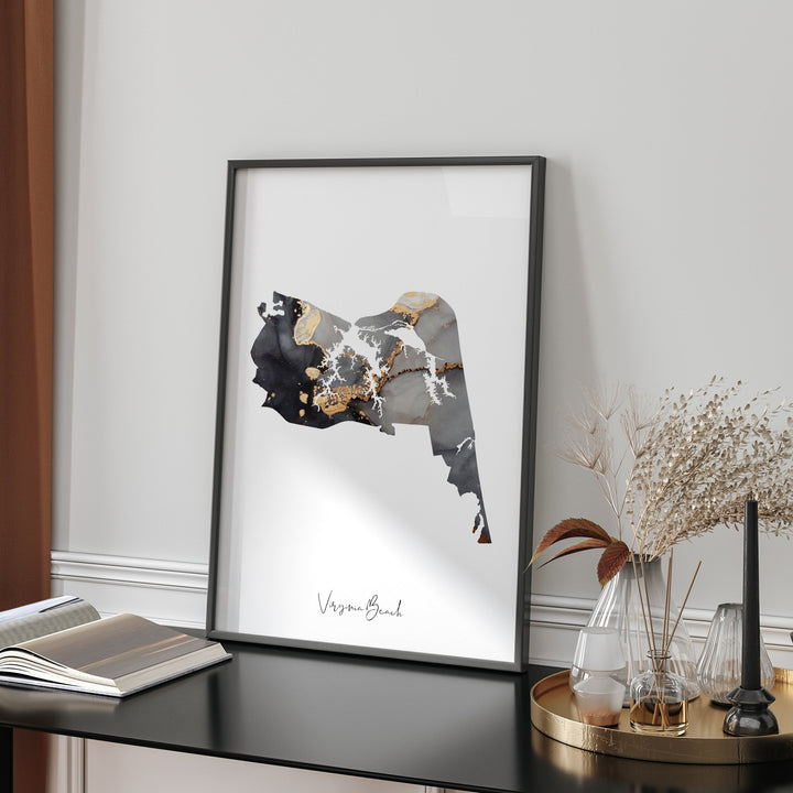 Virginia Beach Map Black & Gold Wall Art Print | Virginia | USA | United States of America [EV]