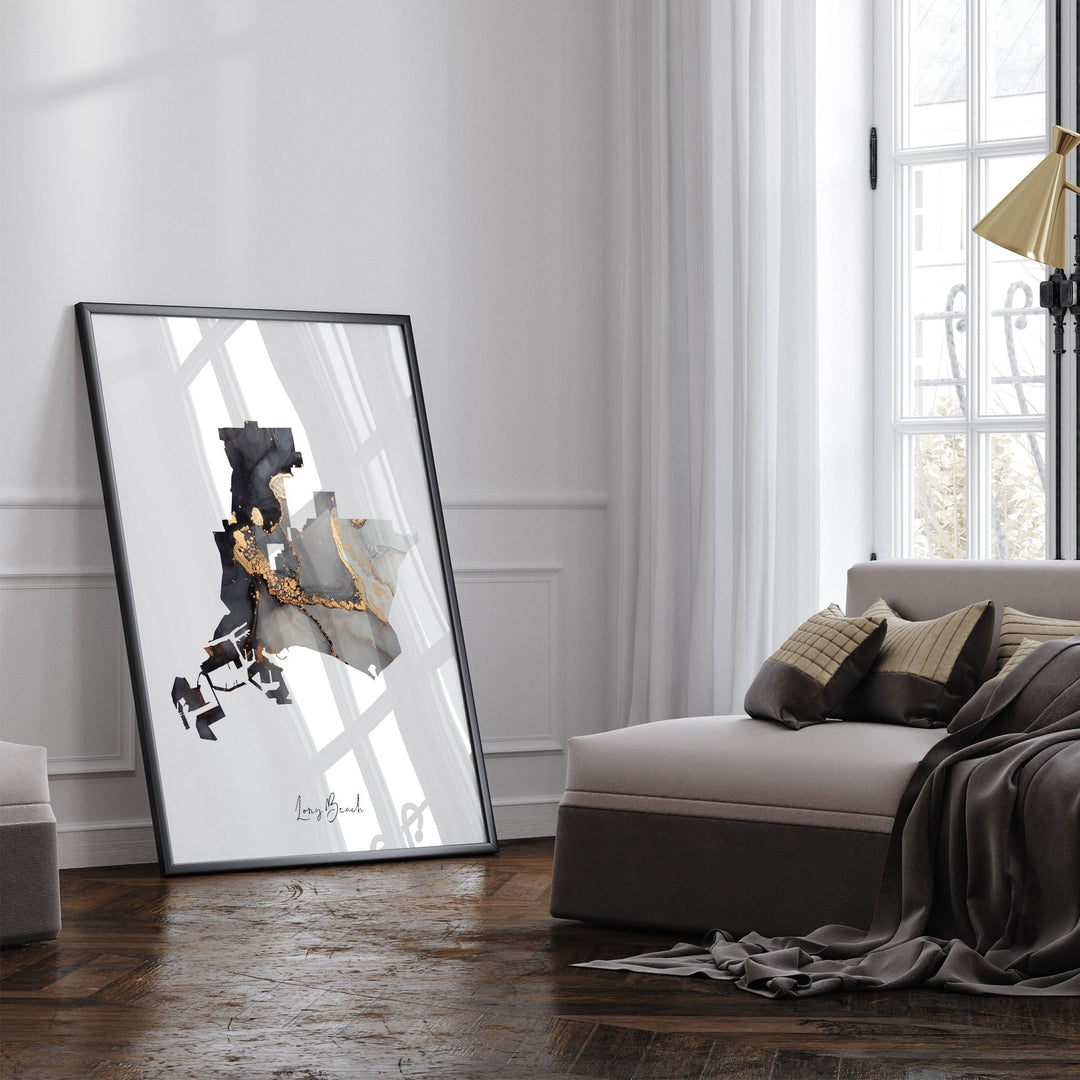 Long Beach Map Black & Gold Wall Art Print | California | USA | United States of America [EV]