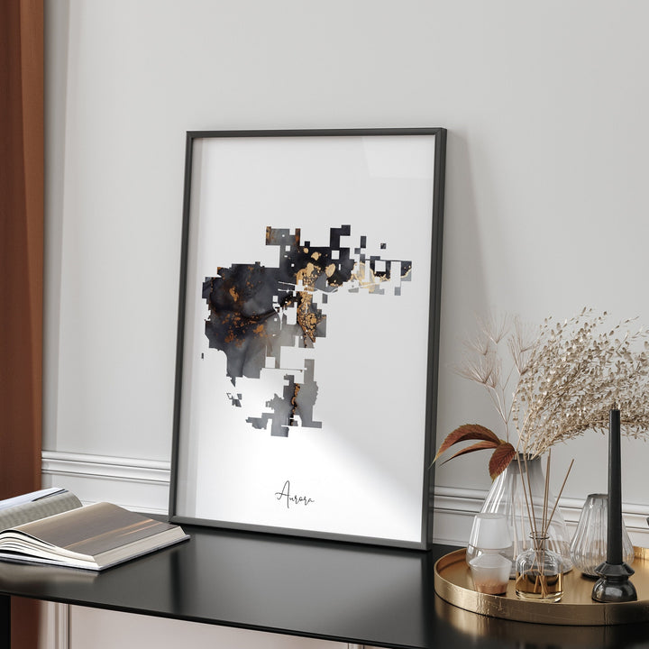 Aurora Map Black & Gold Wall Art Print | Colorado | USA | United States of America [EV]