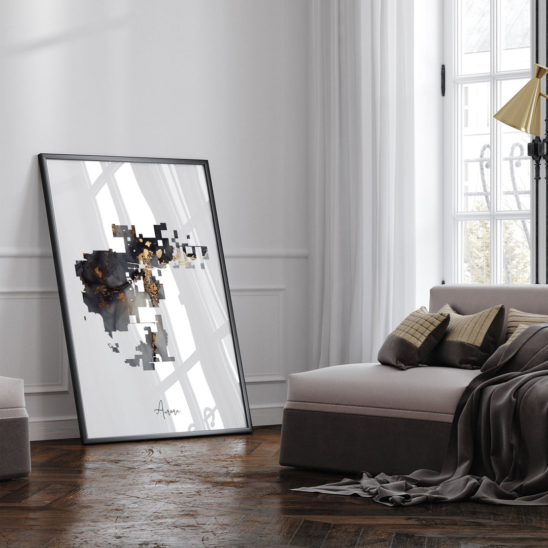Aurora Map Black & Gold Wall Art Print | Colorado | USA | United States of America [EV]