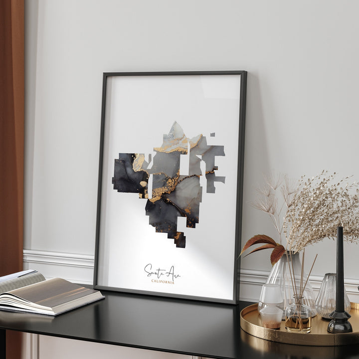 Santa Ana Map Black & Gold Wall Art Print | California | USA | United States of America [EV]
