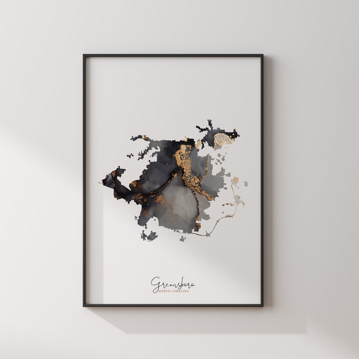 Greensboro Map Black & Gold Wall Art Print | North Carolina | USA | United States of America [EV]