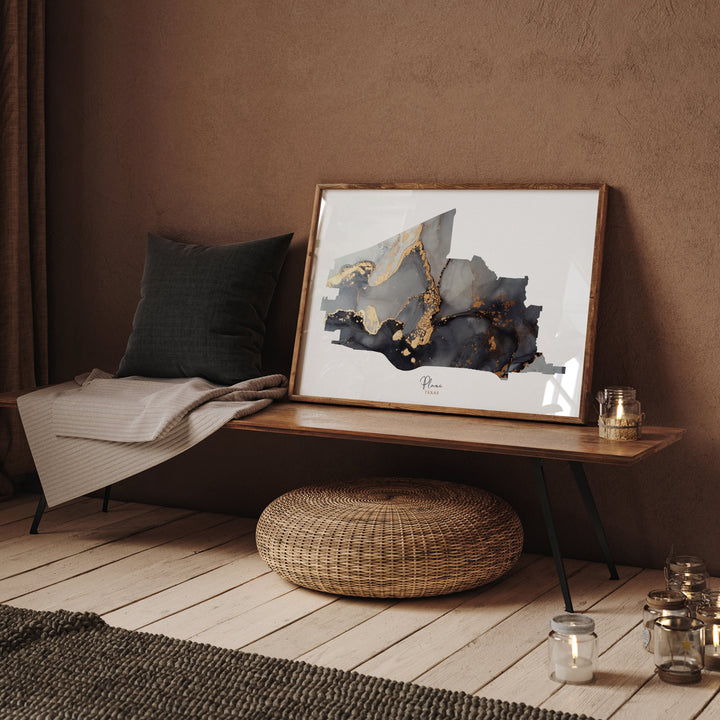 Plano Map Black & Gold Wall Art Print | Texas | USA | United States of America [EV]