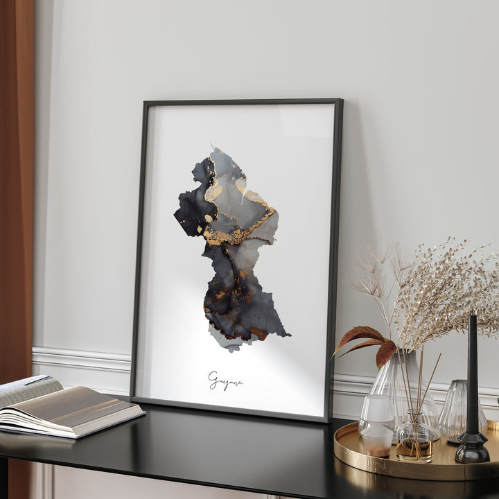Guyana Map Black & Gold Wall Art Print [EV]
