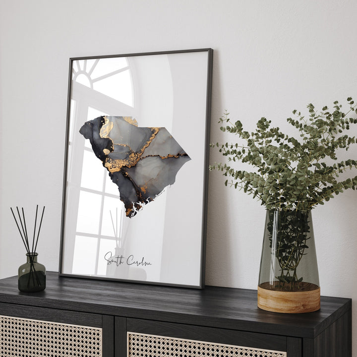 South Carolina Map Black & Gold Wall Art Print US State | USA | United States of America [EV]