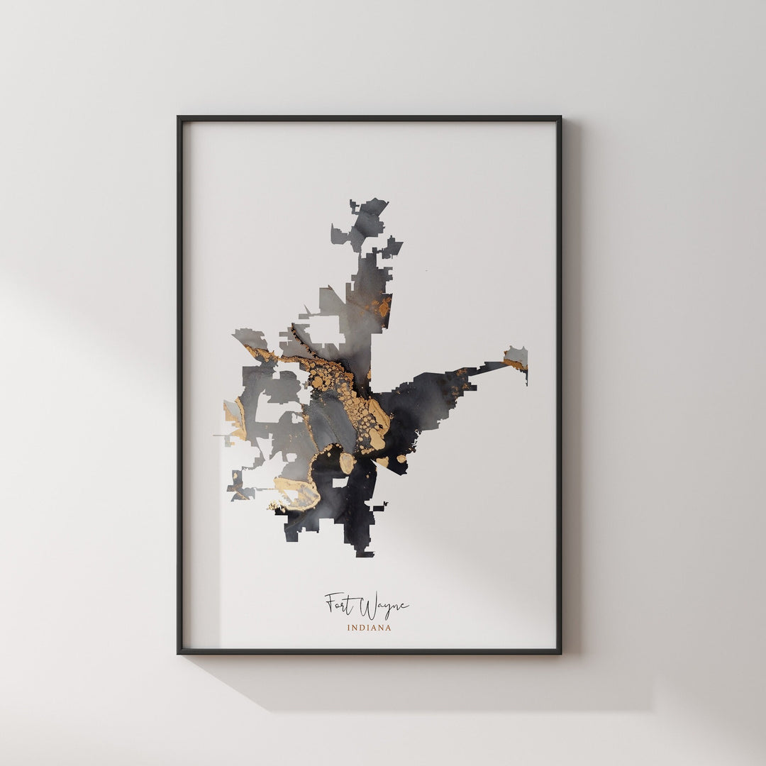 Fort Wayne Map Black & Gold Wall Art Print | Indiana | USA | United States of America [EV]