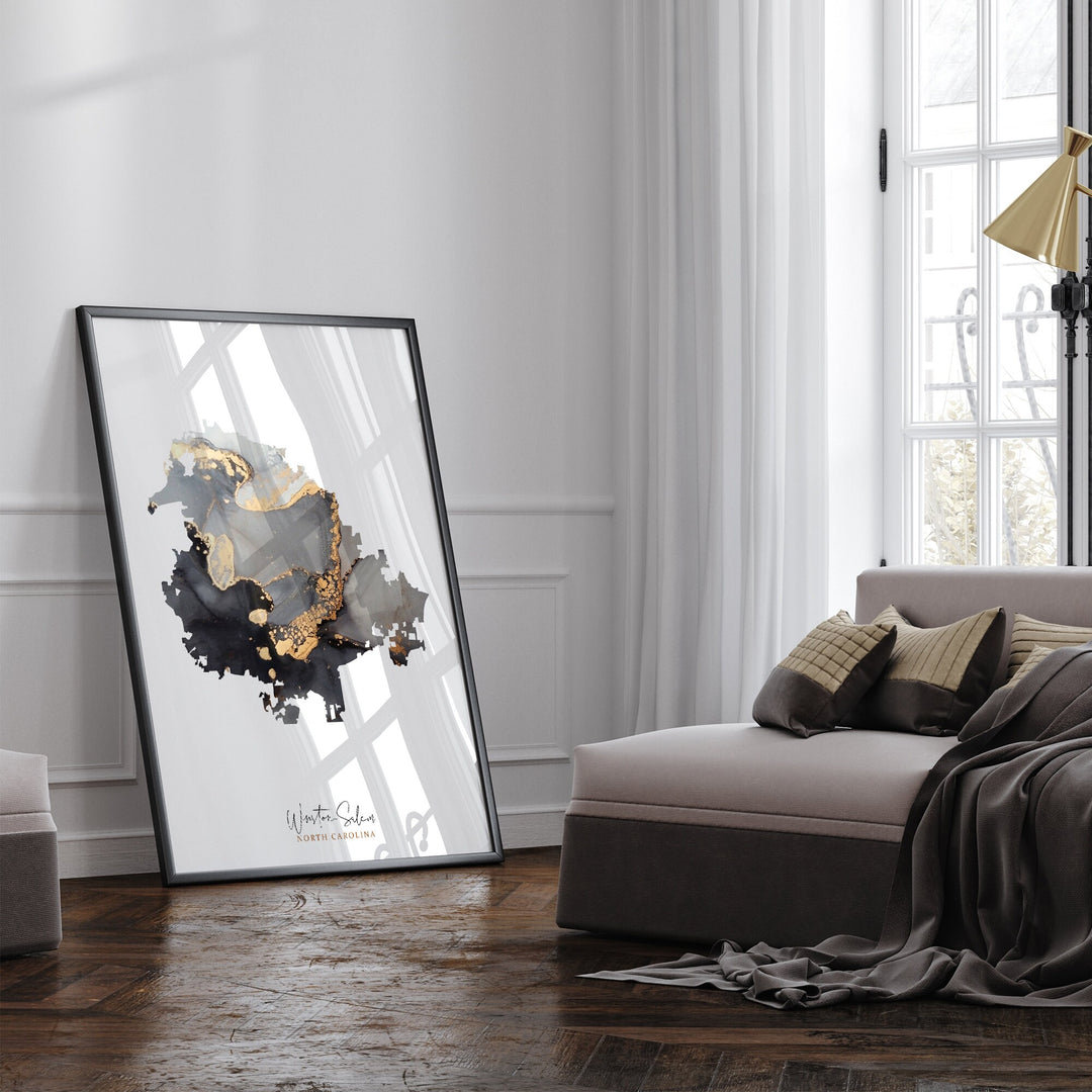Winston-Salem Map Black & Gold Wall Art Print | North Carolina | USA | United States of America [EV]