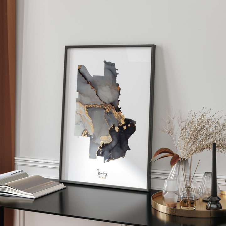 Irving Map Black & Gold Wall Art Print | Texas | USA | United States of America [EV]