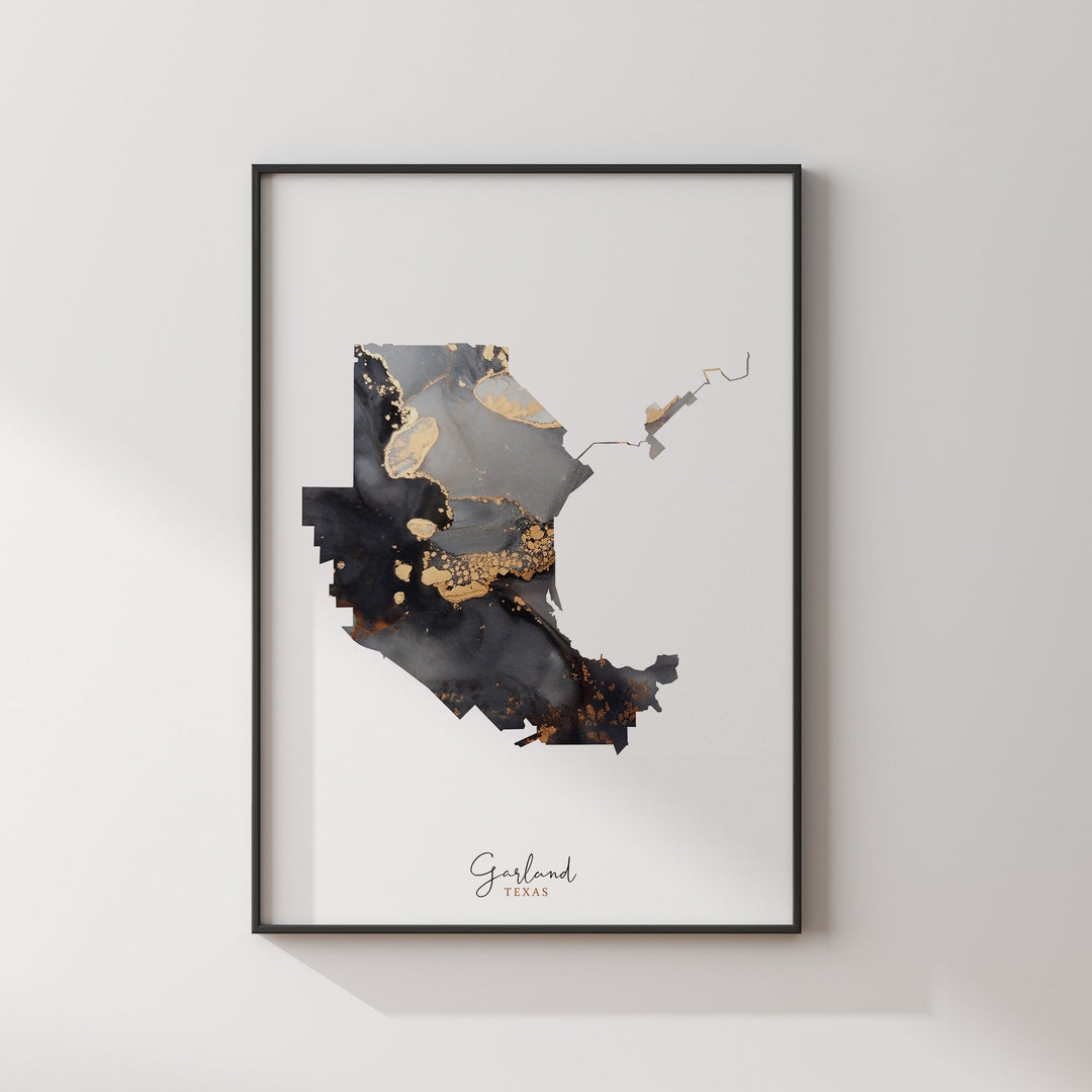 Garland Map Black & Gold Wall Art Print | Texas | USA | United States of America [EV]