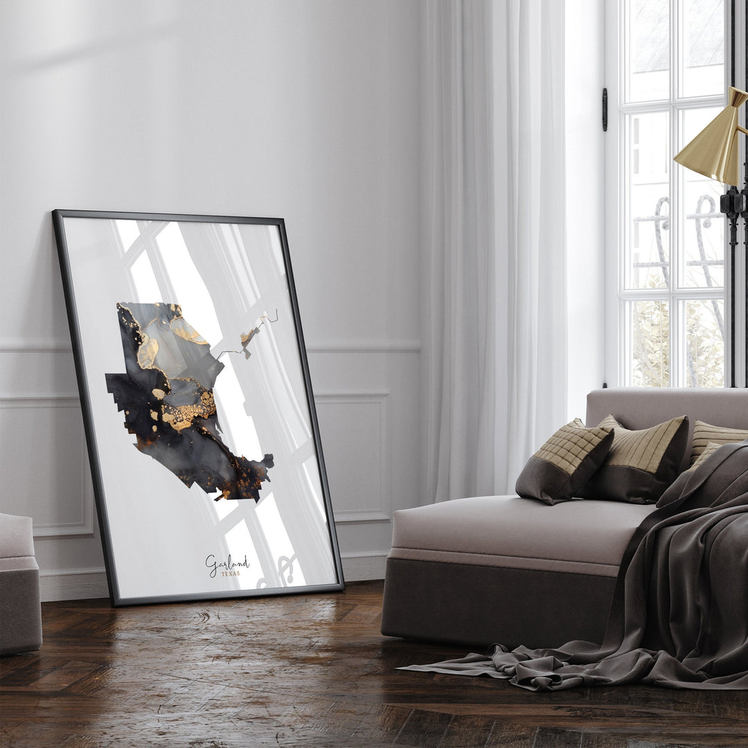 Garland Map Black & Gold Wall Art Print | Texas | USA | United States of America [EV]