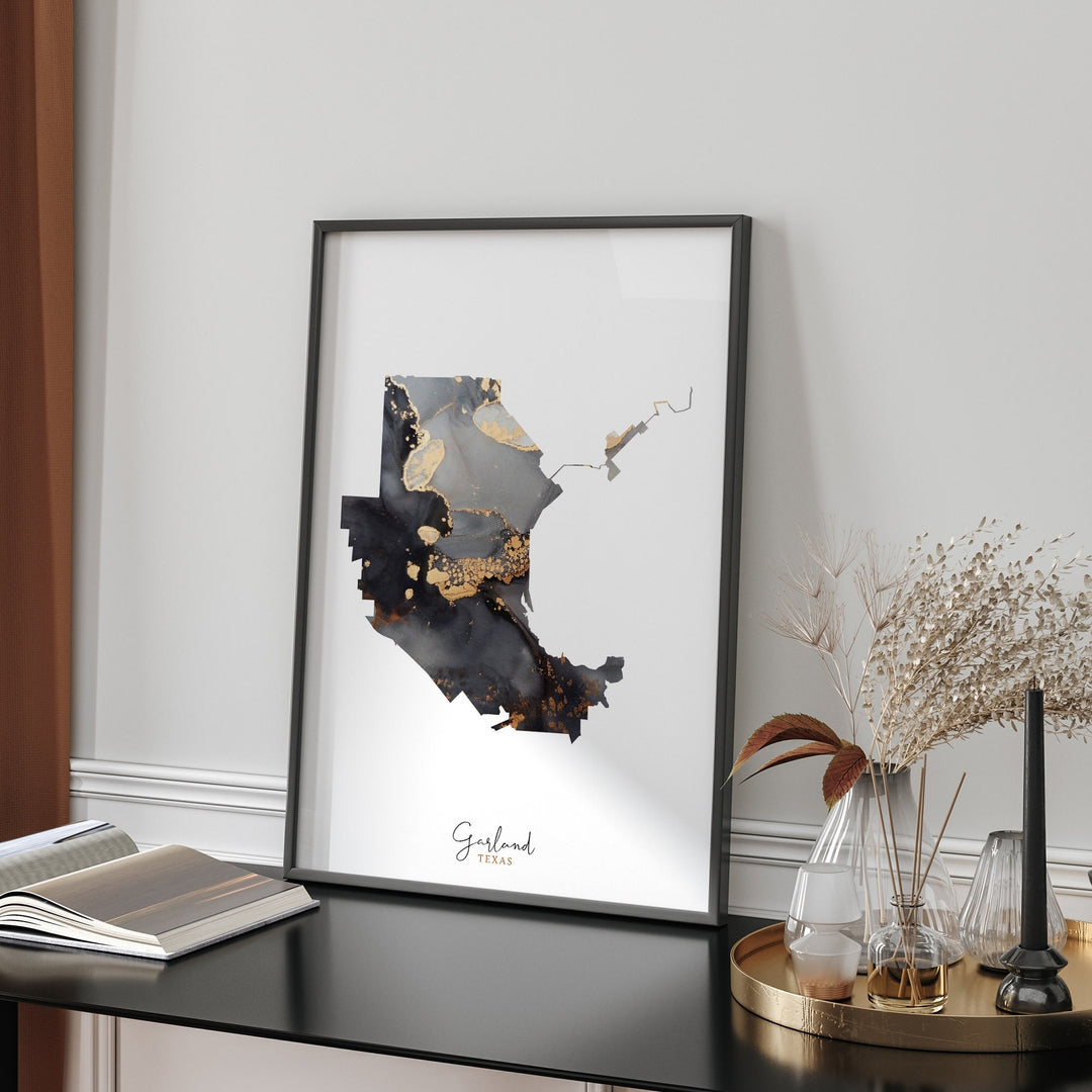 Garland Map Black & Gold Wall Art Print | Texas | USA | United States of America [EV]