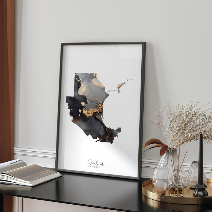 Garland Map Black & Gold Wall Art Print | Texas | USA | United States of America [EV]