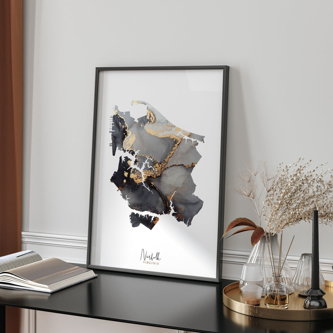 Norfolk Map Black & Gold Wall Art Print | Virginia | USA | United States of America [EV]
