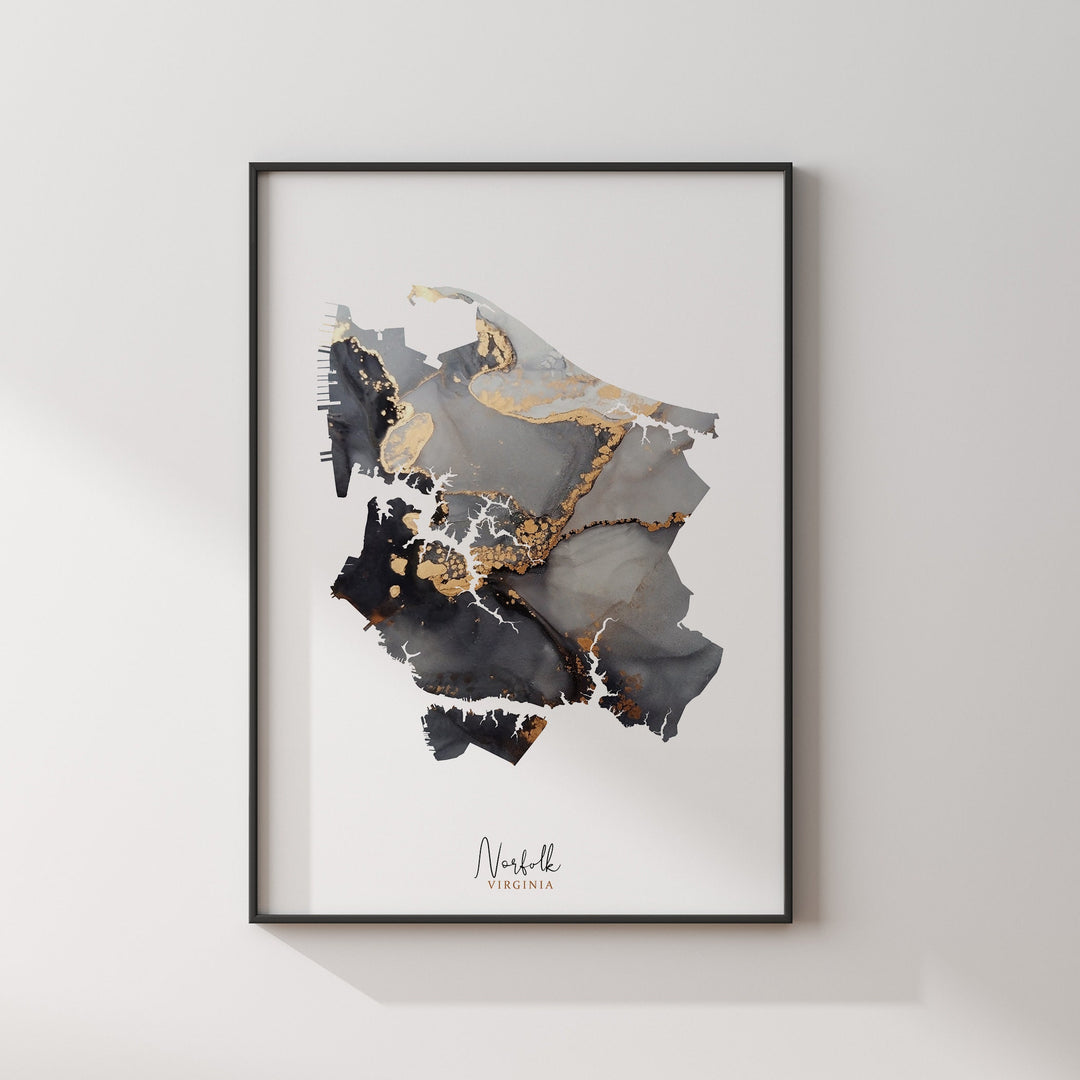 Norfolk Map Black & Gold Wall Art Print | Virginia | USA | United States of America [EV]