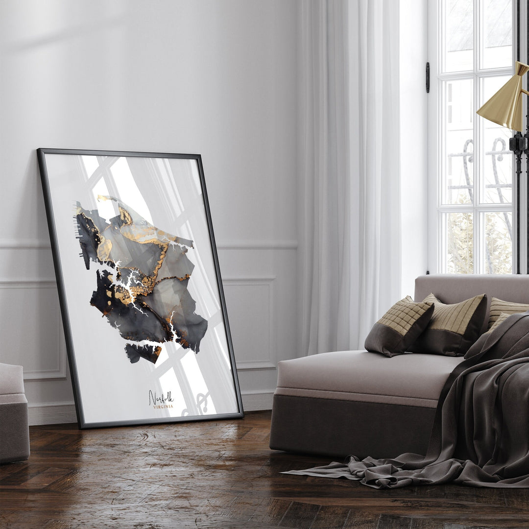 Norfolk Map Black & Gold Wall Art Print | Virginia | USA | United States of America [EV]