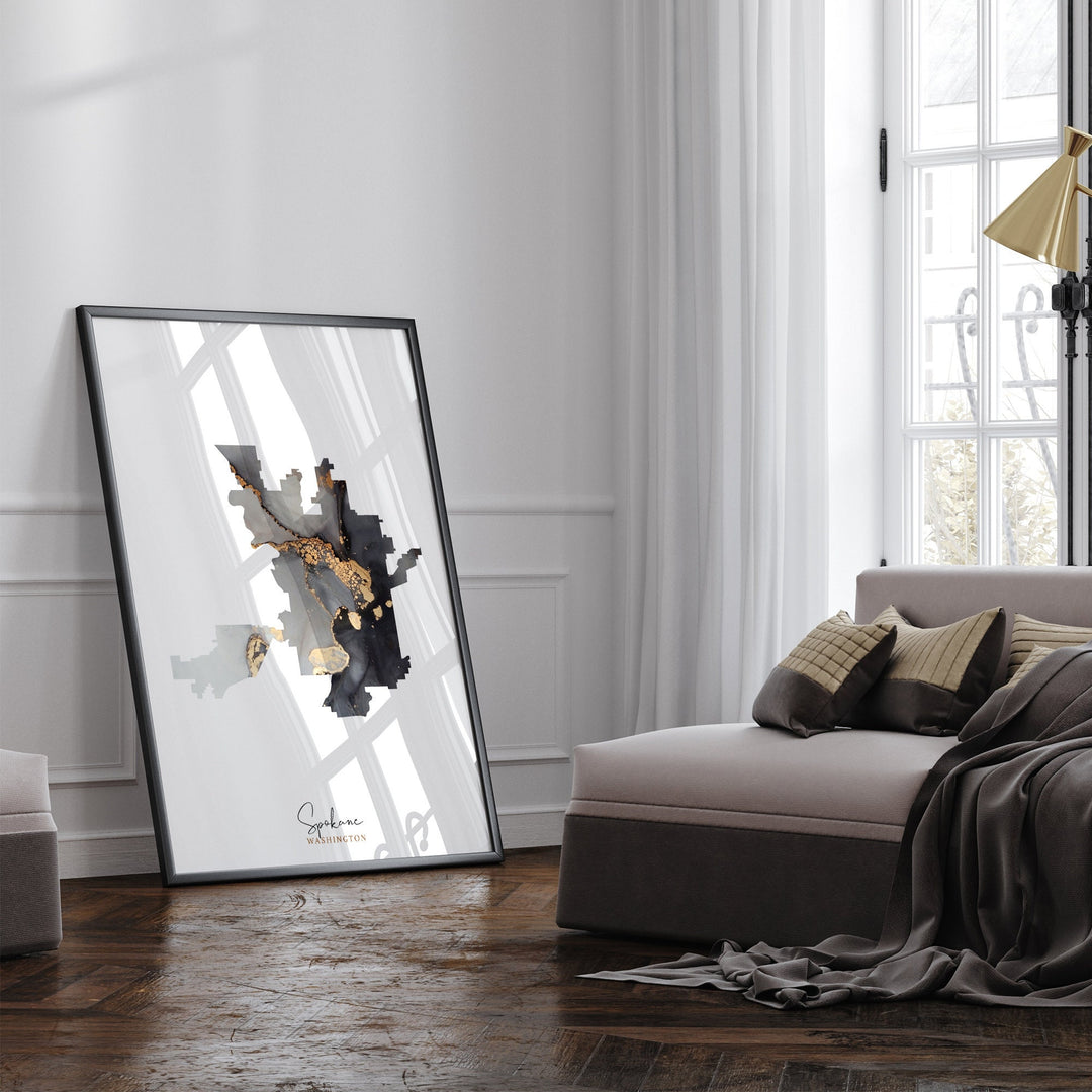 Spokane Map Black & Gold Wall Art Print | Washington | USA | United States of America [EV]