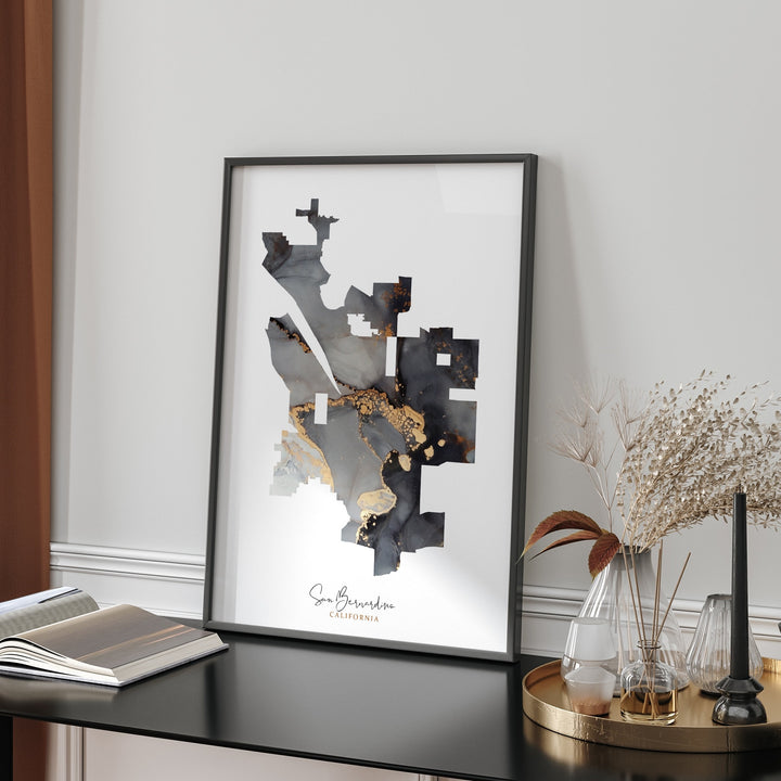 San Bernardino Map Black & Gold Wall Art Print | California | USA | United States of America [EV]