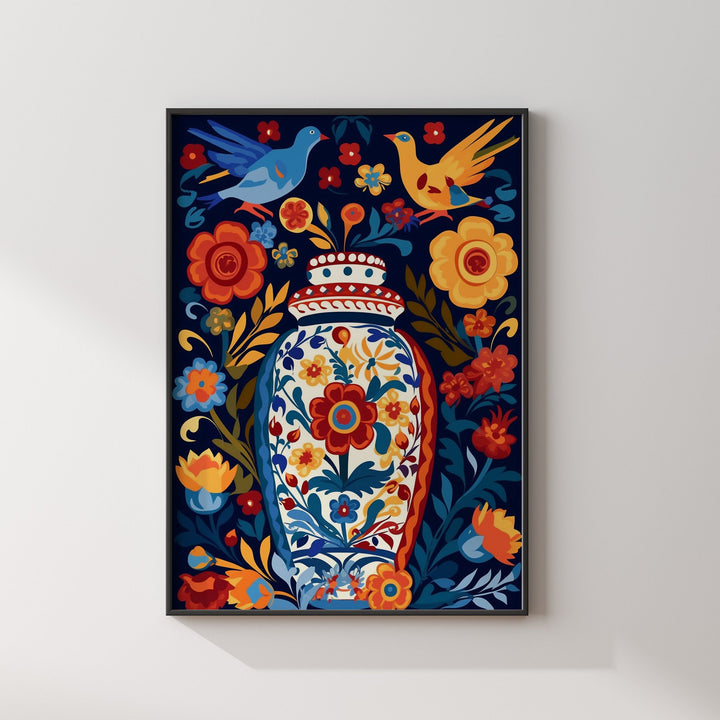 Mexican Talavera Pattern Wall Art | Mexico Wall Art Print | Mexican Decor | Large Floral Vase Edition